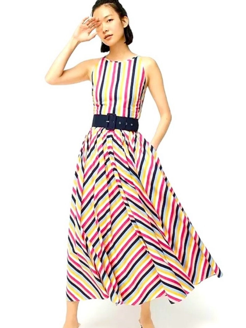 J. Crew Multicolor Chevron Striped Sleeveless Maxi Dress with Navy Belt